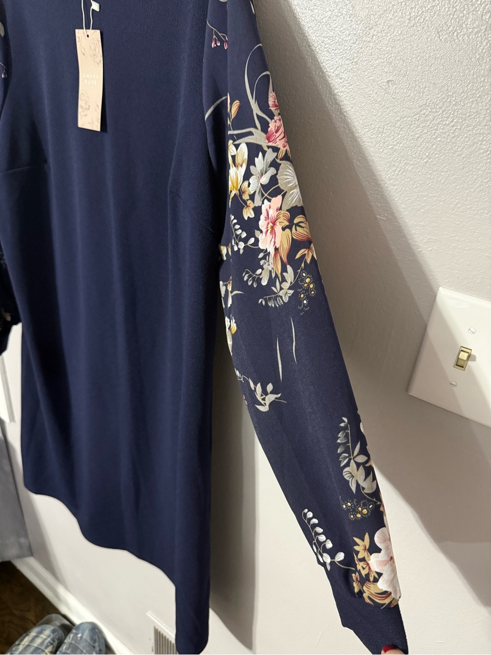 Navy Floral-Sleeve Midi Dress - Women's Elegant Casual - Picture 3 of 10